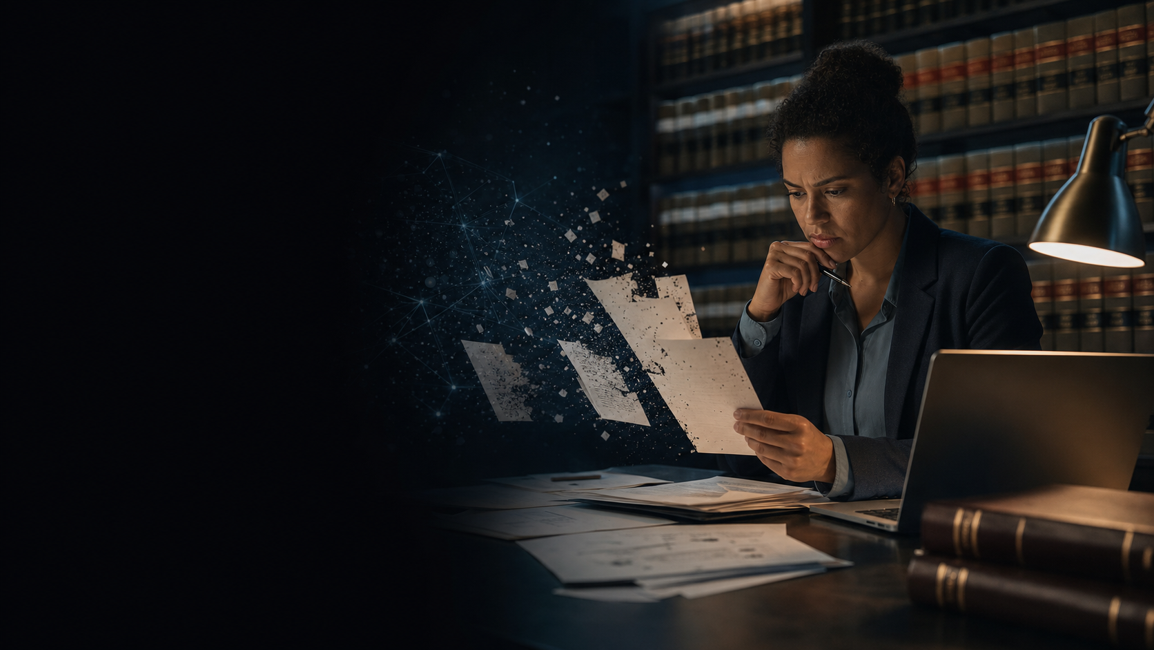 Cinematic editorial image of a legal researcher checking authoritative-looking pages as several supposed citations dissolve into fragments; the left side is dark and open for the topic title.