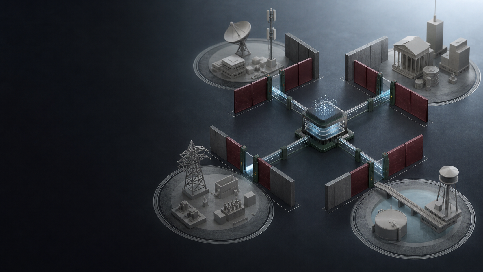 Conceptual illustration of an abstract AI computation core connected to communications, finance, electrical-grid, and public-infrastructure domains through visible permission gates and segmented barriers. The system is positioned on the right against a dark background with open space on the left.