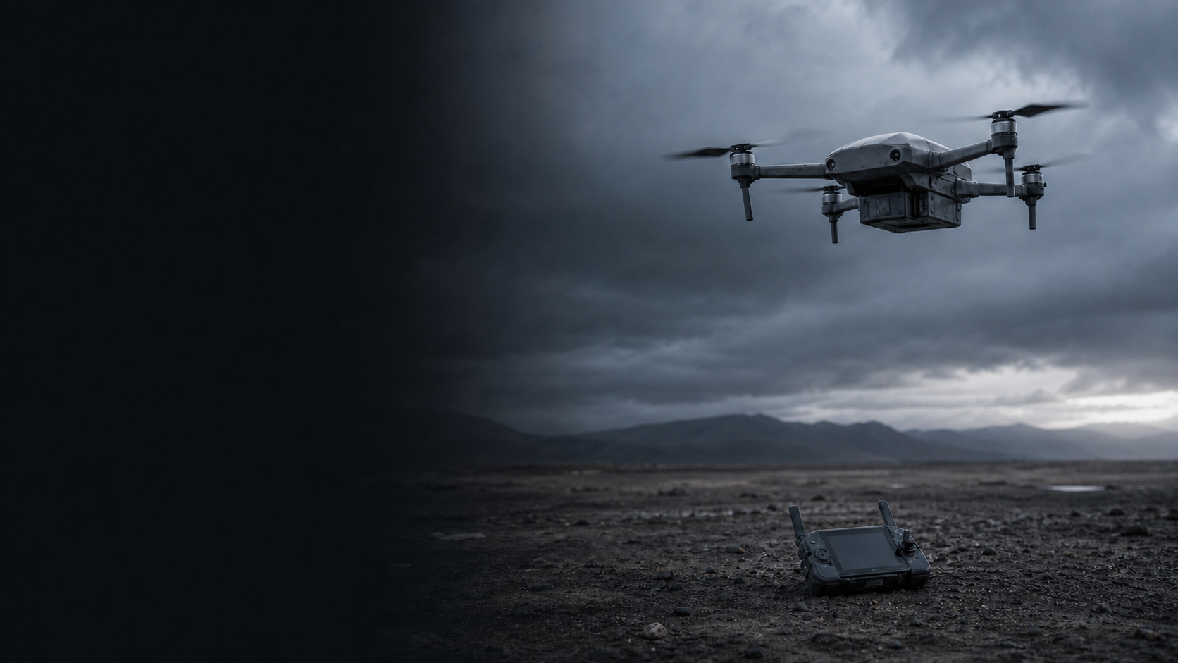 Cinematic editorial image of a drone flying wirelessly over an empty test landscape while its unattended controller rests on the ground; the left side is dark and open for the topic title.