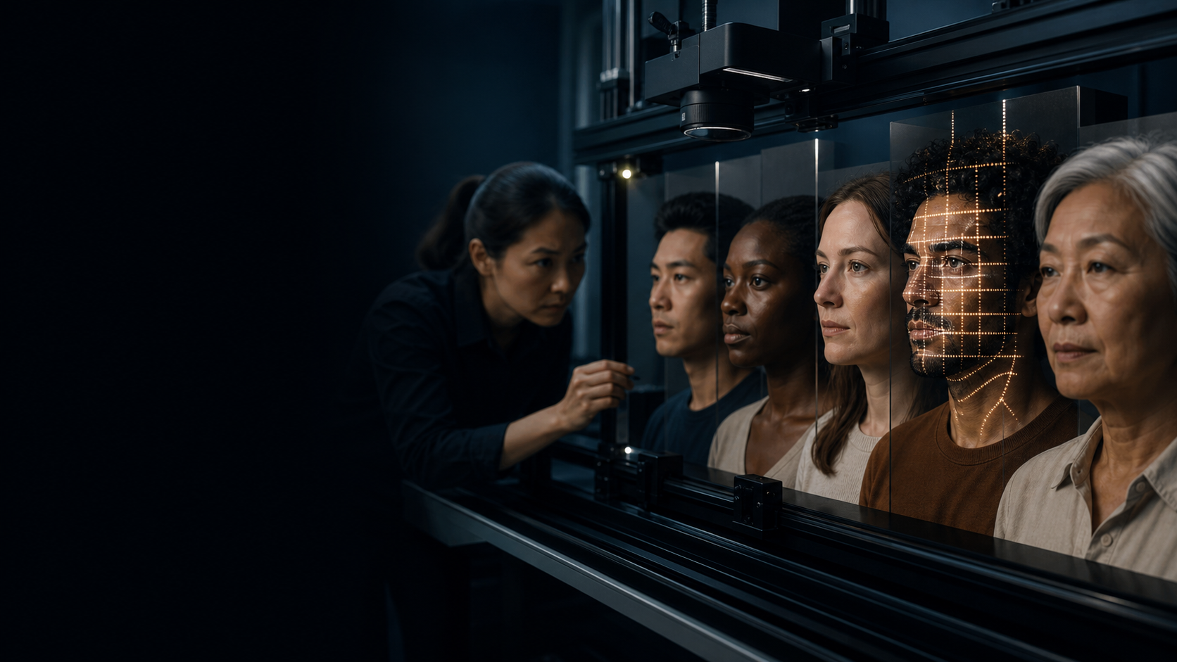 Cinematic editorial image of diverse portrait subjects passing through a facial-analysis scanner while one projected face is processed differently; the left side is dark and open for the topic title.