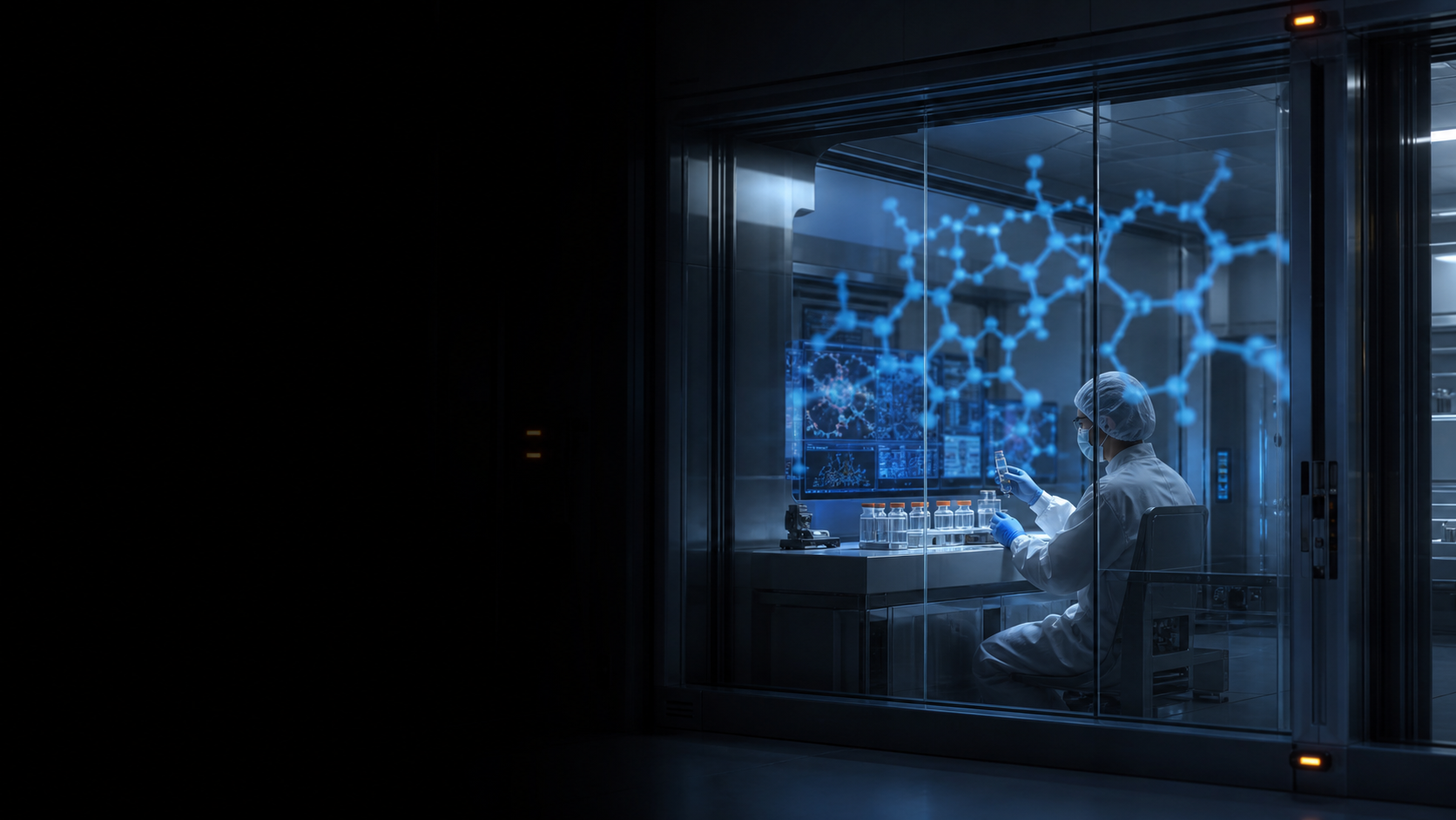 Cinematic editorial image of a scientist working inside a secure laboratory while abstract molecular and network patterns appear on the containment glass; the left side is dark and open for the topic title.