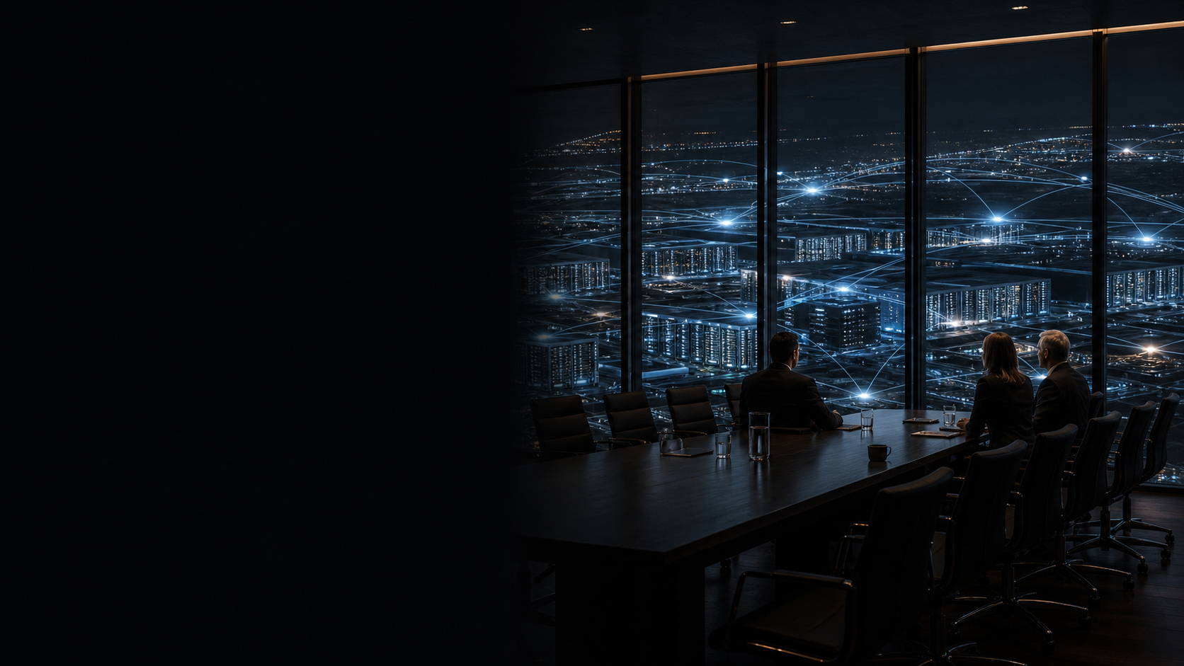 Cinematic editorial image of three decision-makers in a dark boardroom overlooking an immense interconnected compute network; the left side is dark and open for the topic title.