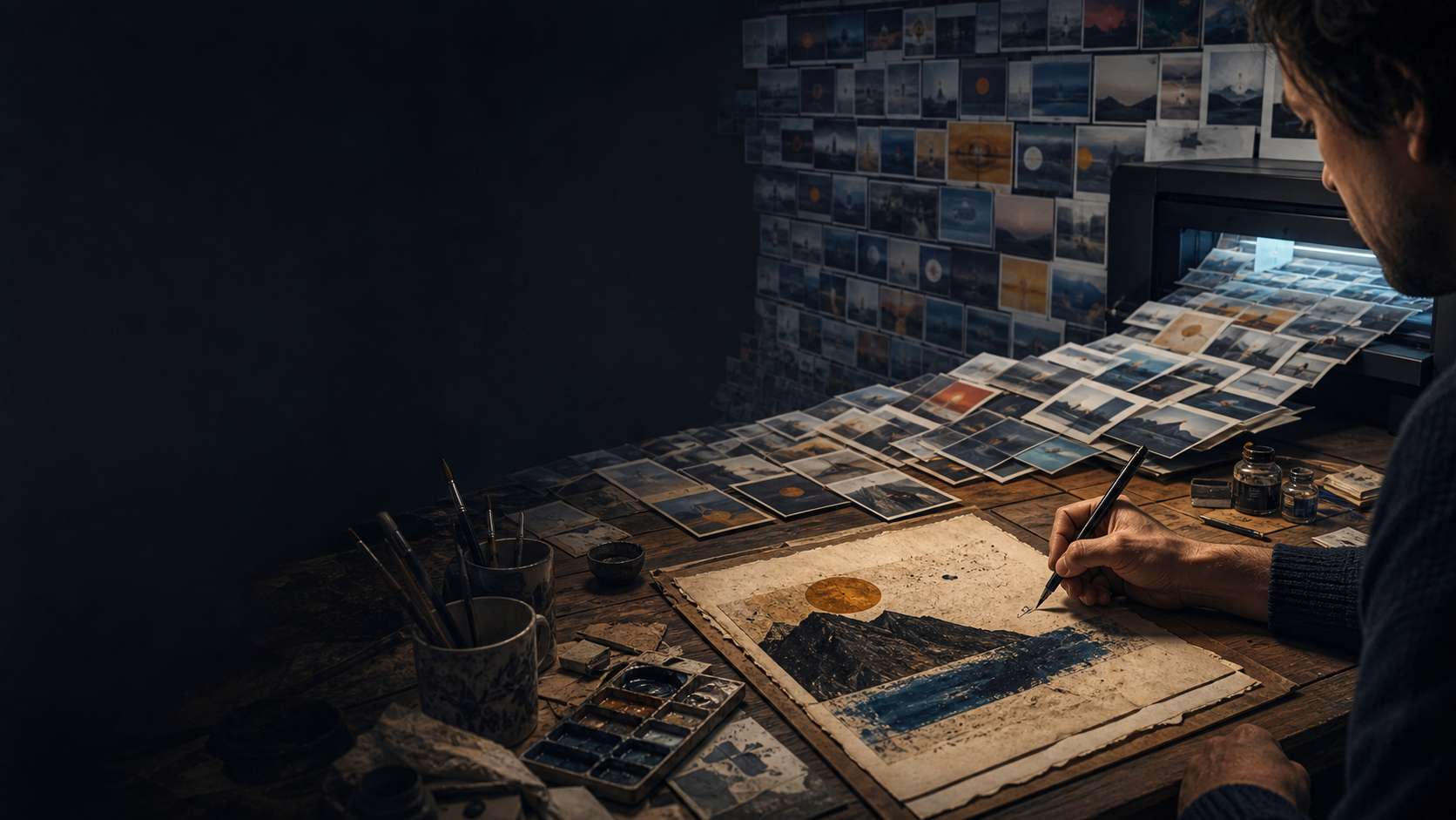 Original cinematic editorial illustration of a human creator finishing one tactile handmade artwork while a stream of polished, increasingly repetitive synthetic images fills the studio behind them; the left side is dark and open for the module title.
