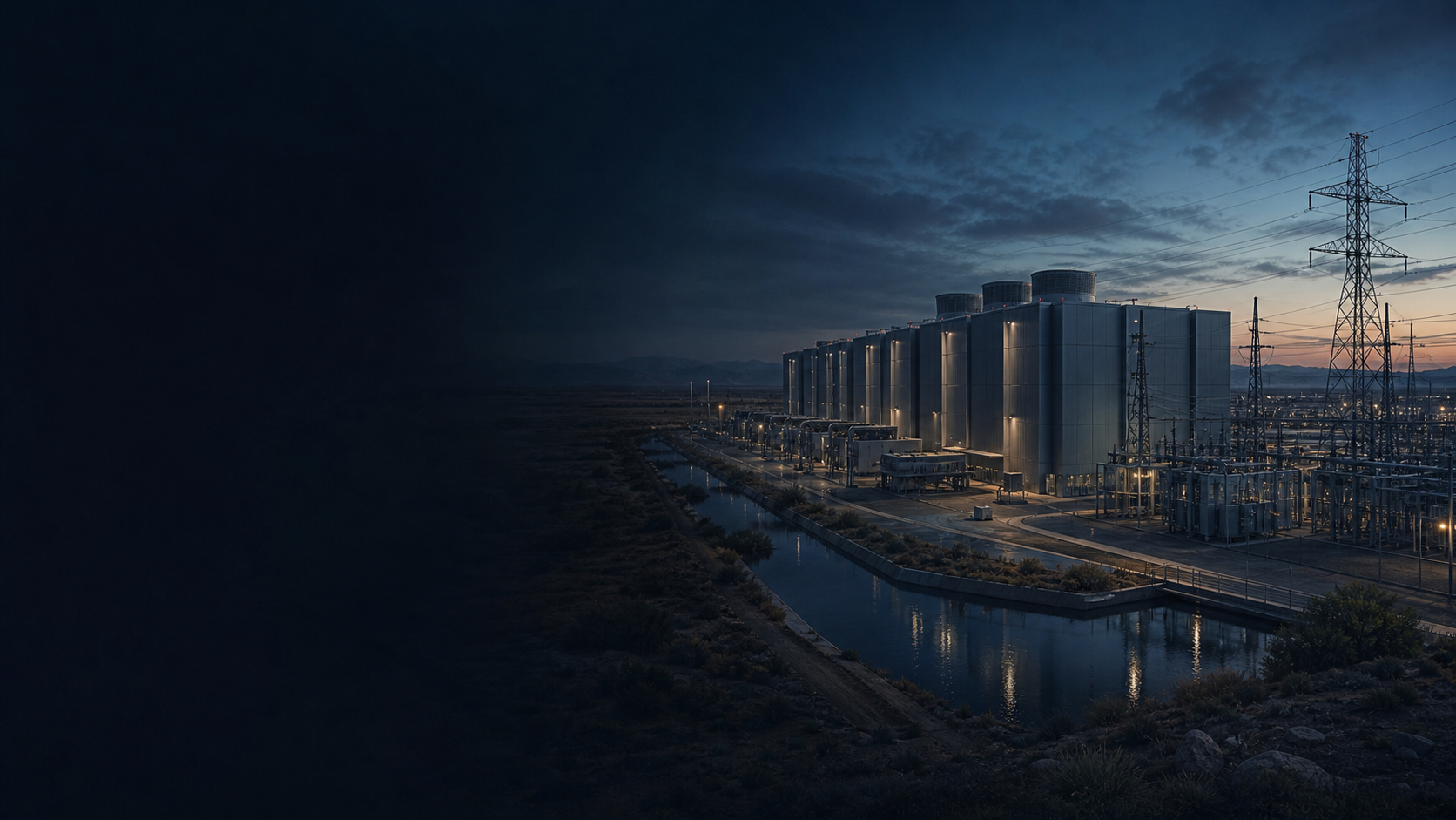 Original cinematic editorial image of a hyperscale data-centre campus beside power infrastructure and a narrow water channel at blue hour; the left third is dark and open for the module title.