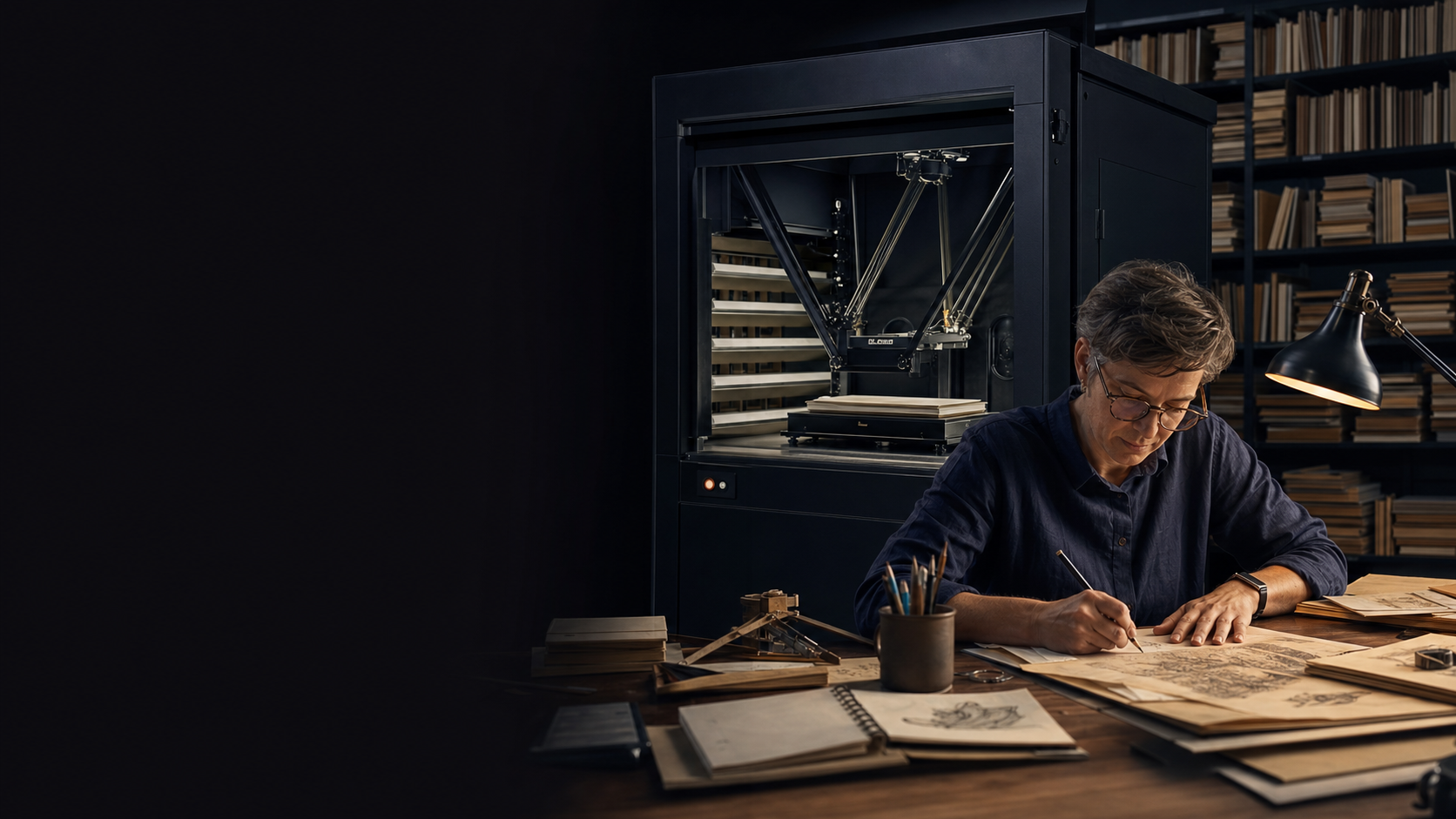 Cinematic editorial image of an illustrator working at a desk beside an industrial scanner and shelves of archived creative material; the left side is dark and open for the topic title.