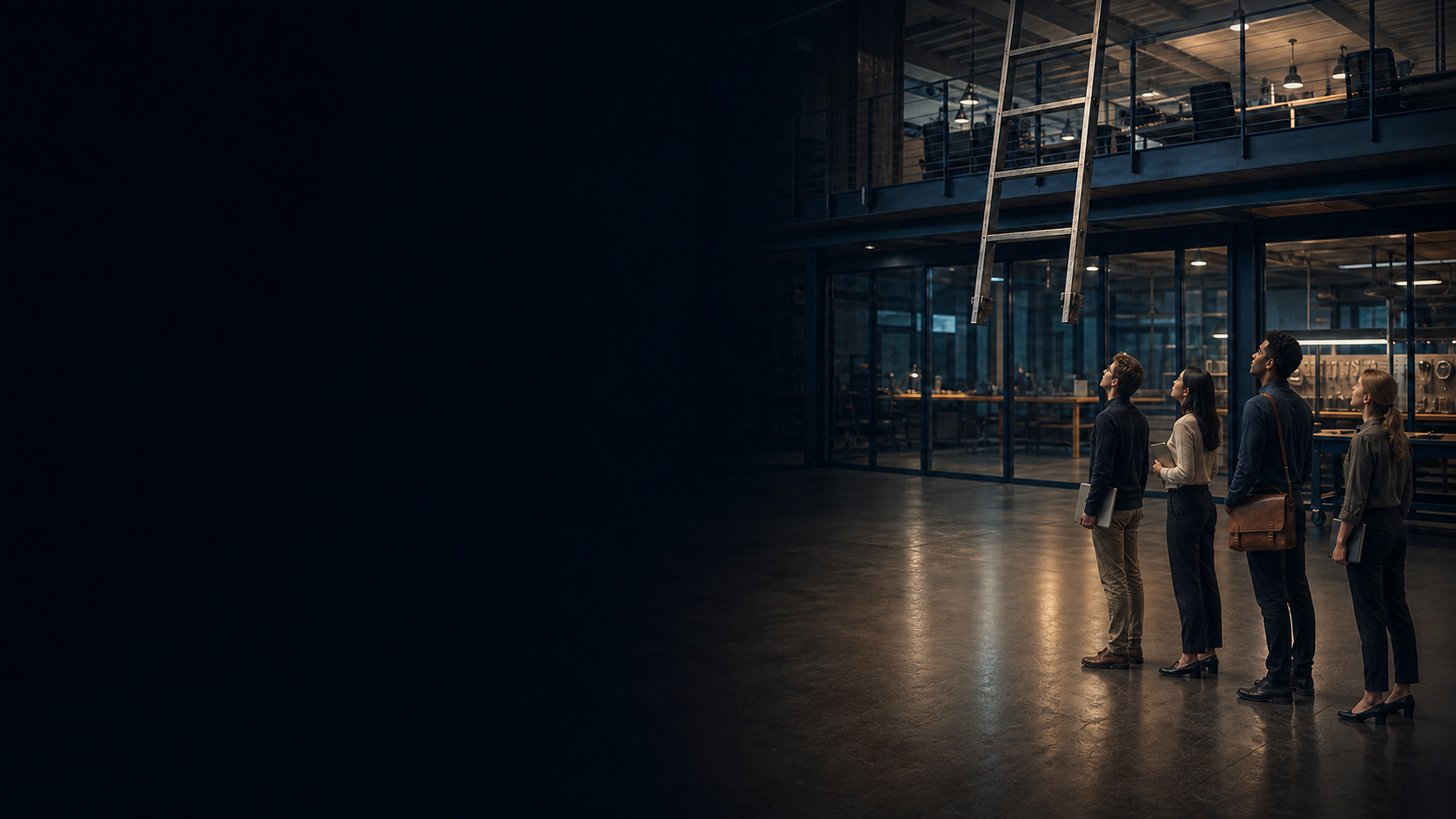 Original cinematic editorial image of four early-career job seekers standing back from an unreachable workplace ladder and looking toward its missing lower rungs; the left side is dark and open for the module title.
