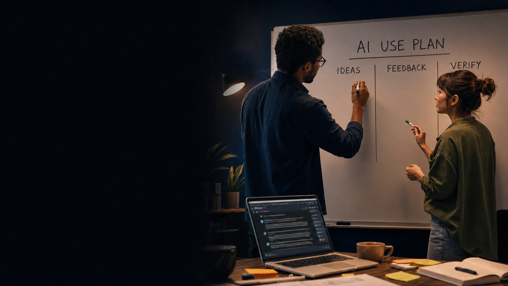 Cinematic editorial illustration of two college students at a whiteboard headed AI Use Plan, organizing possible writing support into Ideas, Feedback, and Verify; the left side is dark and open for the topic title.