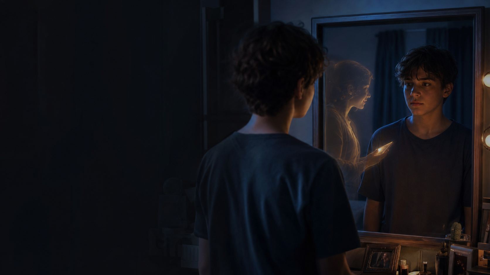 Cinematic editorial image of a young person looking into a mirror where a softly lit conversational presence appears beside their reflection; the left side is dark and open for the topic title.
