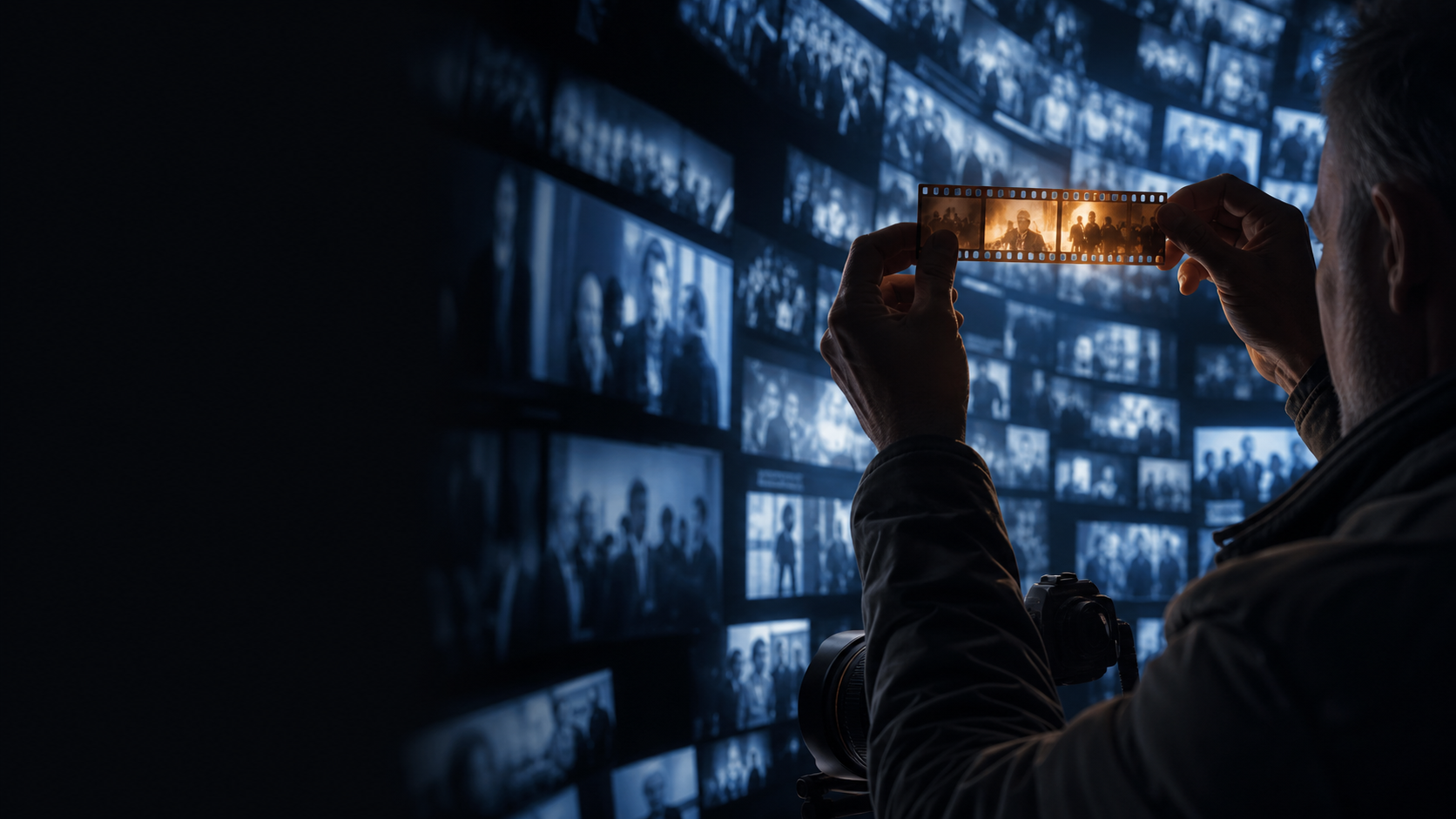 Cinematic editorial image of a photographer holding an authentic film negative before a wall of visually similar synthetic media; the left side is dark and open for the topic title.