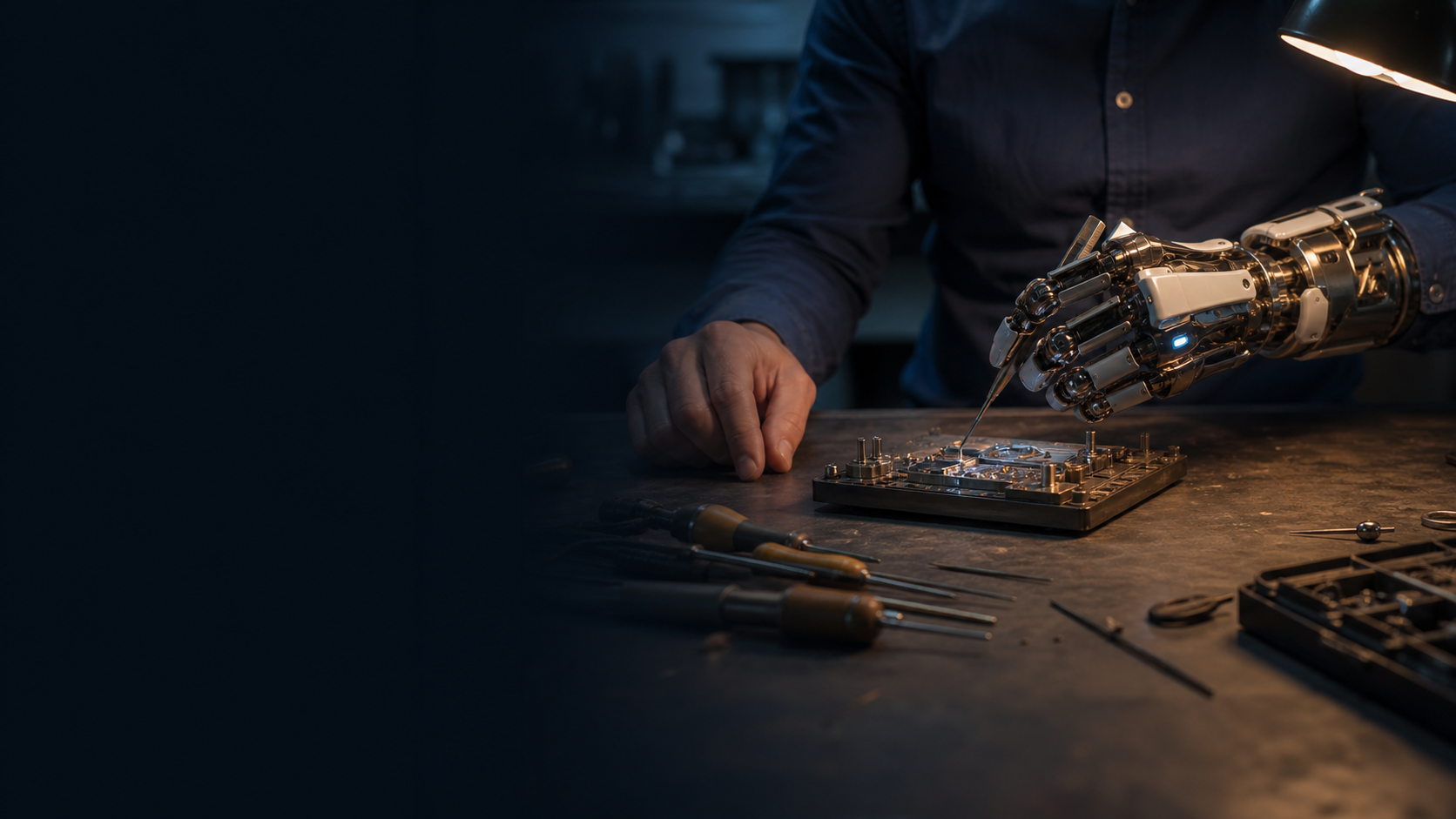 Cinematic editorial image of a mechanical AI-assisted hand completing precise work while a person's unassisted hand and manual tools remain beside it; the left side is dark and open for the topic title.