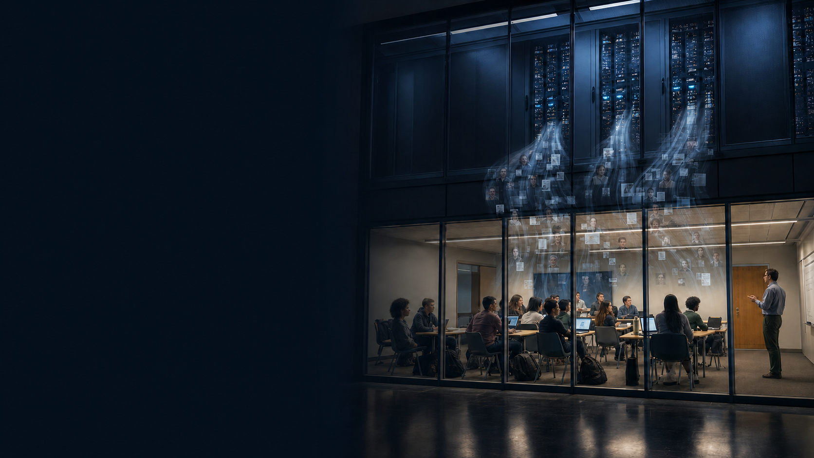 Conceptual editorial image of a college classroom with information flowing from the learning space into an opaque server room; the left side is dark and open for the topic title.