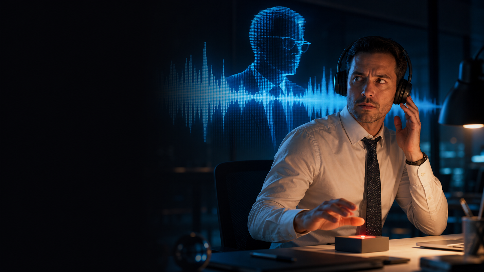 Cinematic editorial image of a finance employee hearing a synthetic executive voice while their hand pauses above an authorization control; the left side is dark and open for the topic title.