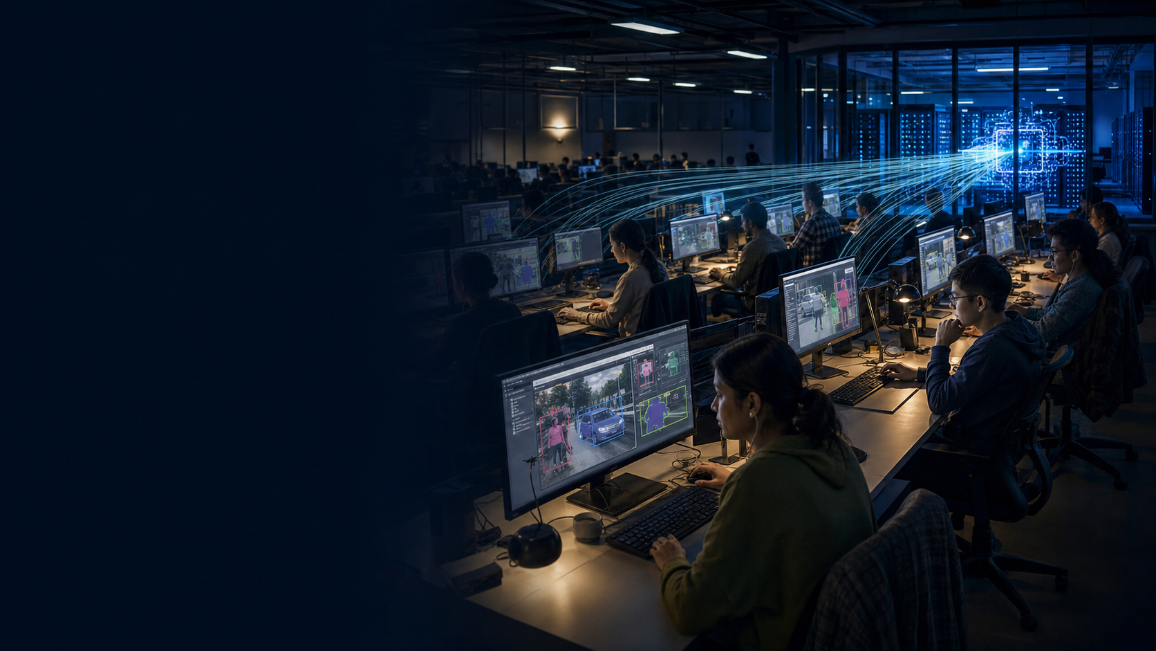 Cinematic editorial image of rows of data annotators labelling ordinary images on computer screens while their combined work feeds a polished AI system; the left side is dark and open for the topic title.